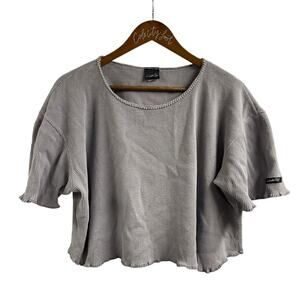 Susan Fixel Top Gray Waffle Knit Boxy Crop Large Vintage Lettuce Hem